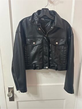Zara Black Faux Leather Cropped Trucker Jacket